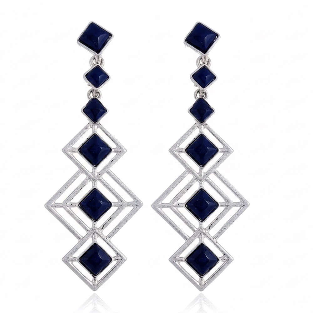 Womens Long Diamond Shaped Silver and Blue Design Earrings. - Picture 2 of 3